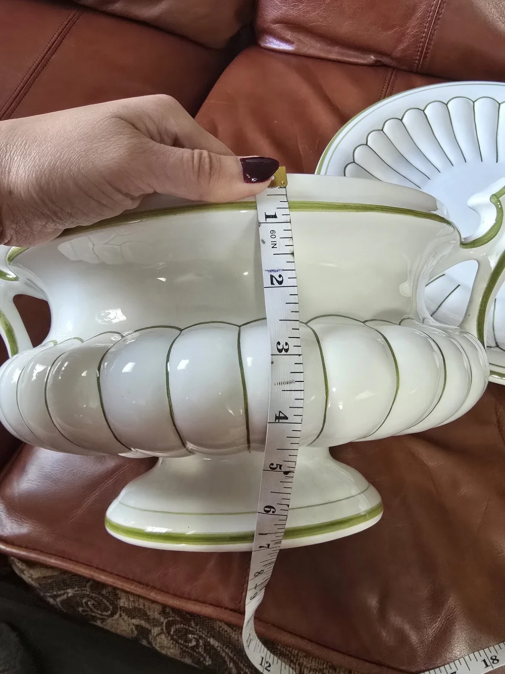 White and Olive Green Lidded Tureen with Underplate